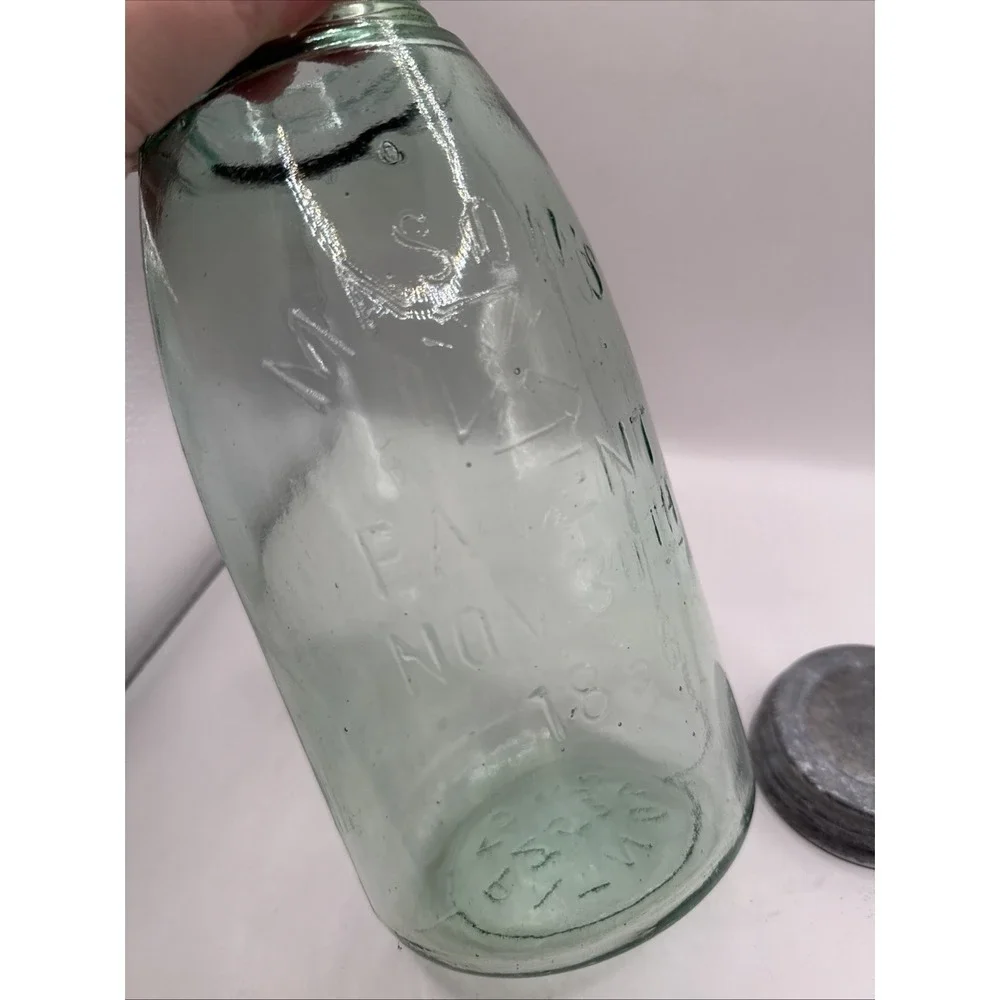 Mason's Jar Hero Cross Patent Nov 30th 1858, Aquamarine Glass, 1/2 Gal, Zinc Lid